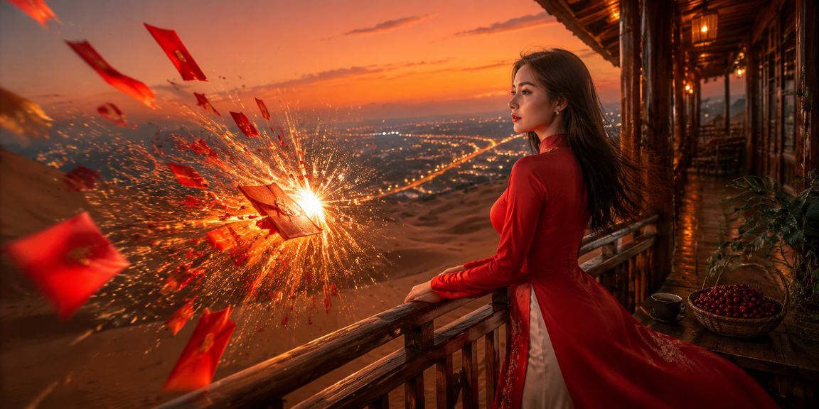 Phong bì đỏ lì xì và áo dài truyền thống tại Mũi Né tượng trưng cho thưởng lễ hội dn15